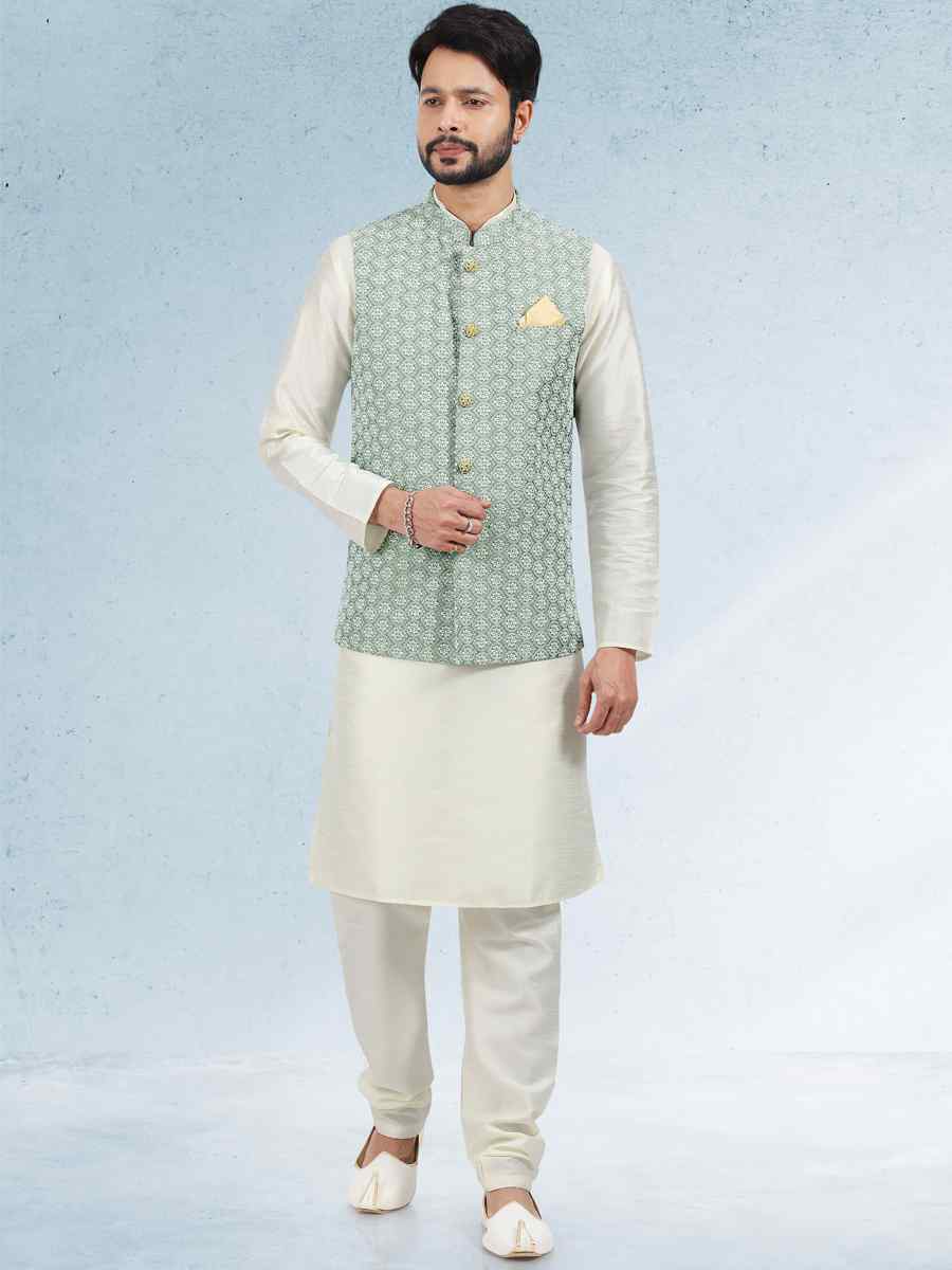 Cream Art Banarasi Silk Woven Festival Party Kurta
