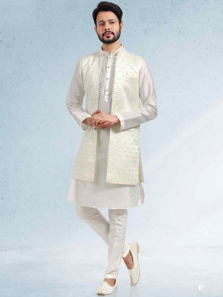 Cream Art Banarasi Silk Woven Festival Party Kurta