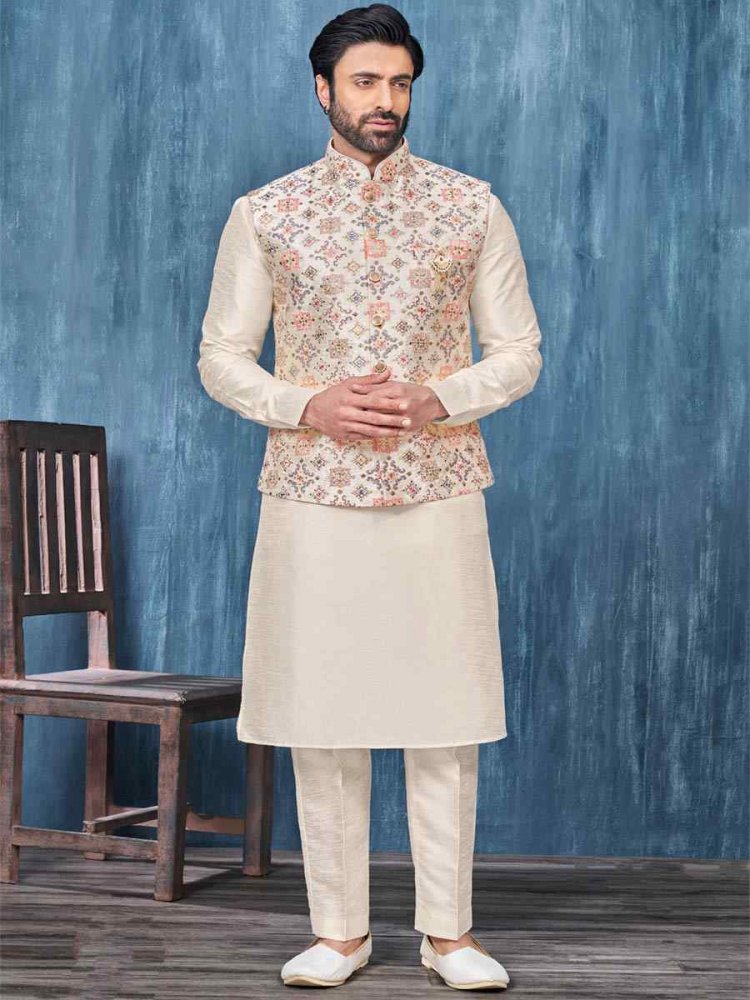 Cream Art Banarasi Silk Woven Festival Wedding Kurta