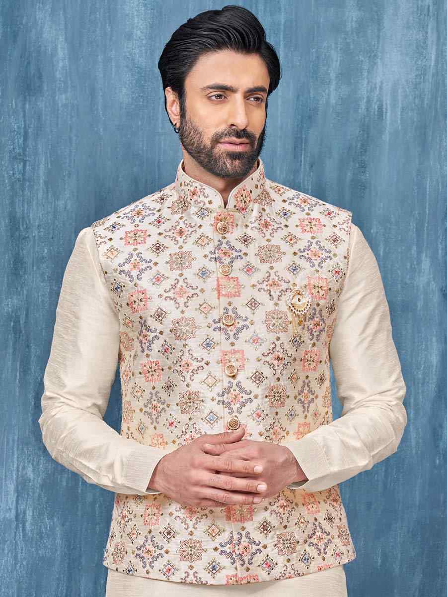 Cream Art Banarasi Silk Woven Festival Wedding Kurta