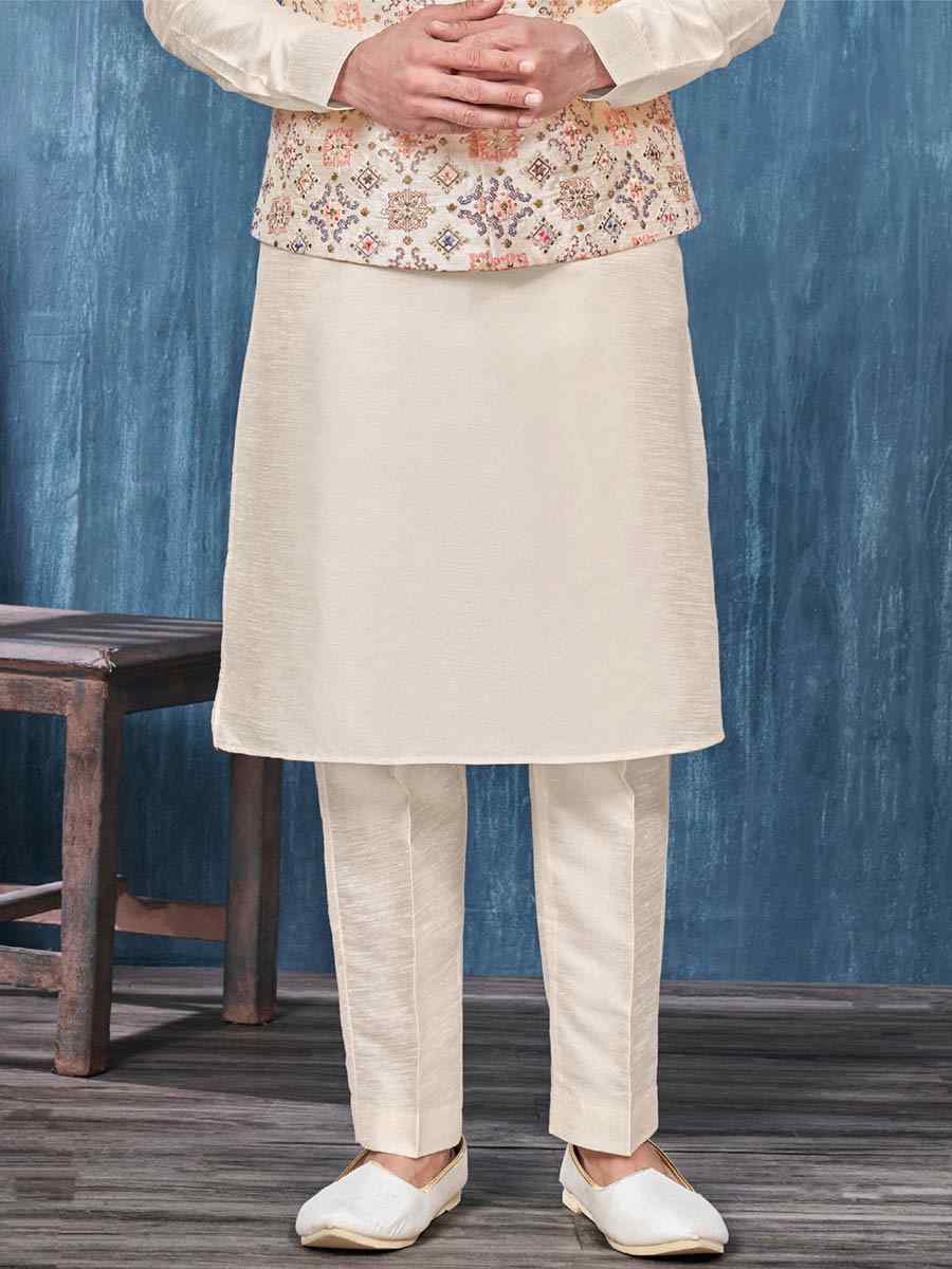 Cream Art Banarasi Silk Woven Festival Wedding Kurta