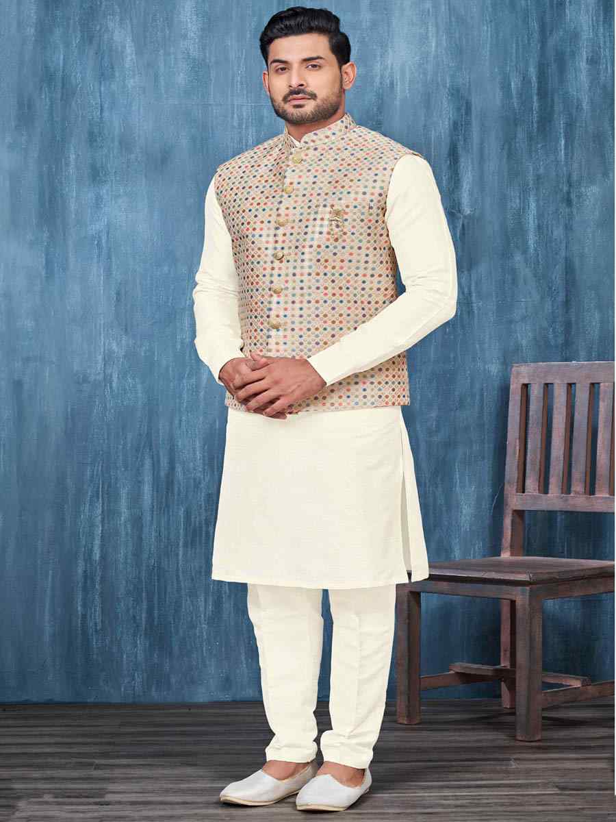 Cream Art Banarasi Silk Woven Festival Wedding Kurta