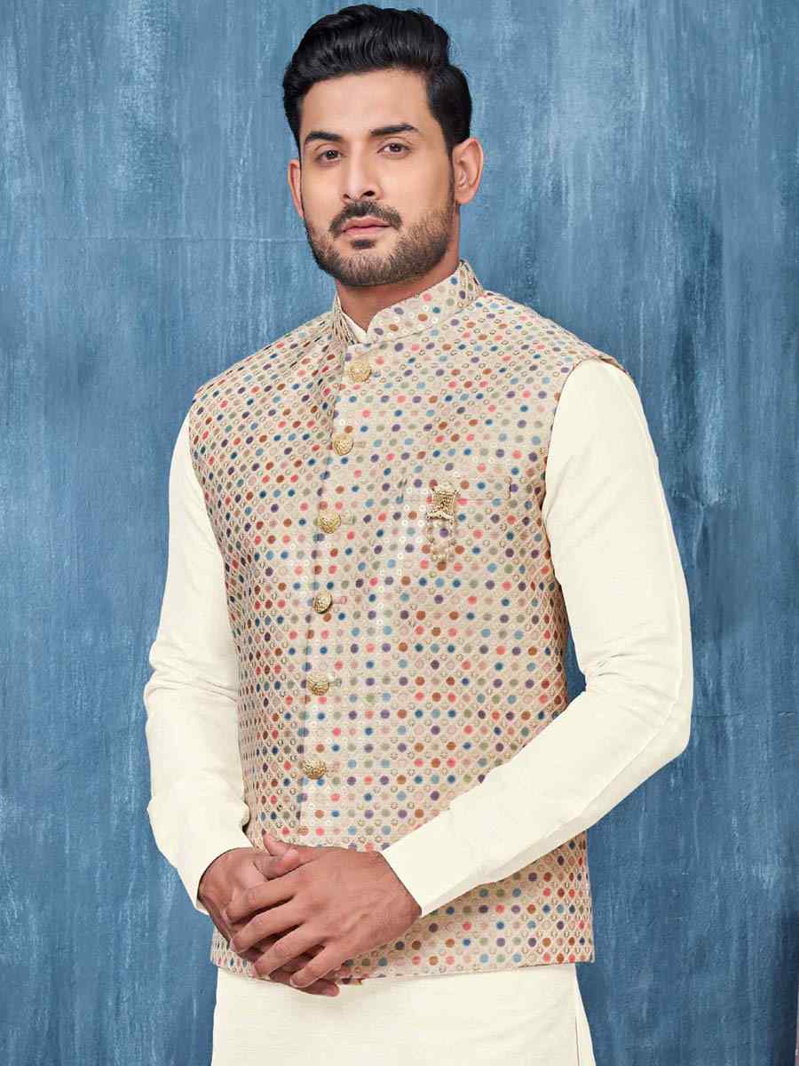 Cream Art Banarasi Silk Woven Festival Wedding Kurta