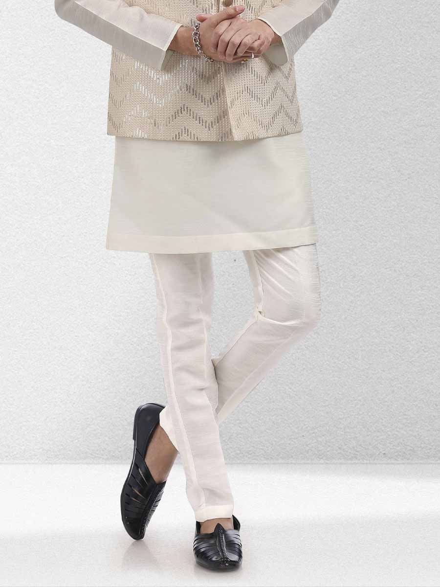 Cream Art Banarasi Silk Woven Festival Wedding Kurta