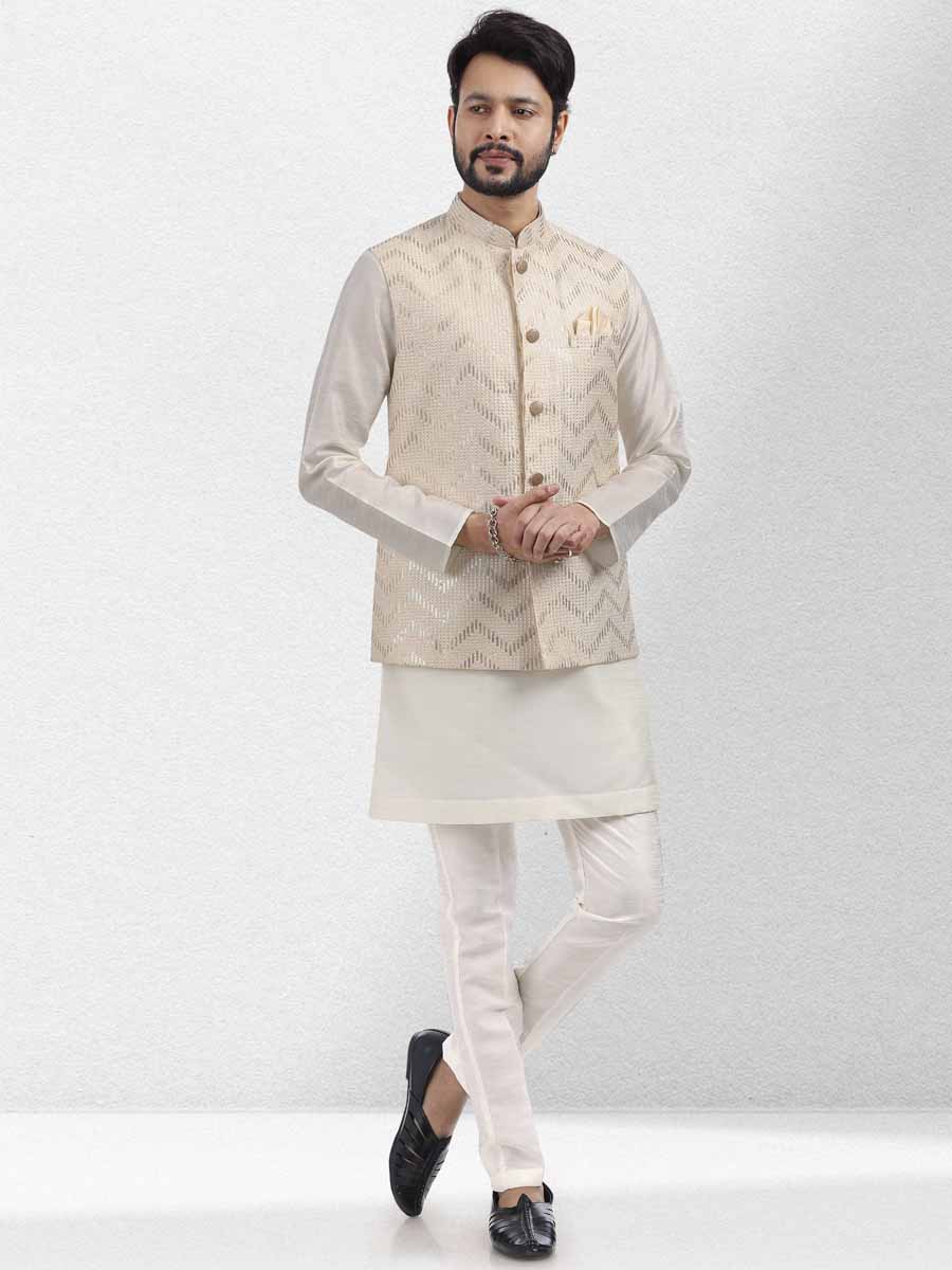 Cream Art Banarasi Silk Woven Festival Wedding Kurta