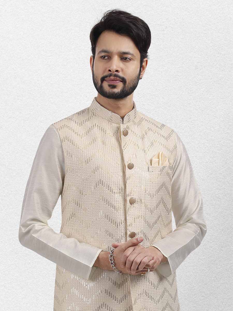 Cream Art Banarasi Silk Woven Festival Wedding Kurta