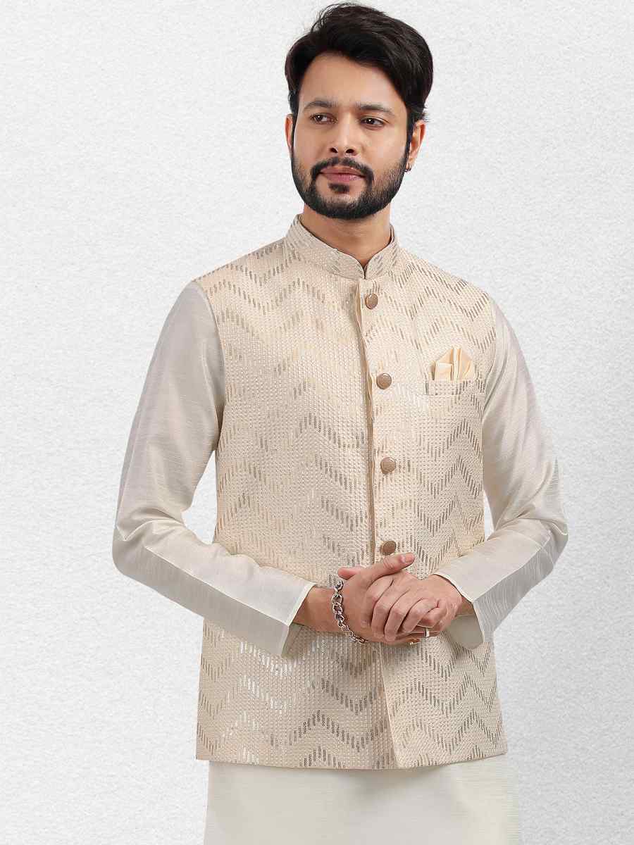 Cream Art Banarasi Silk Woven Festival Wedding Kurta