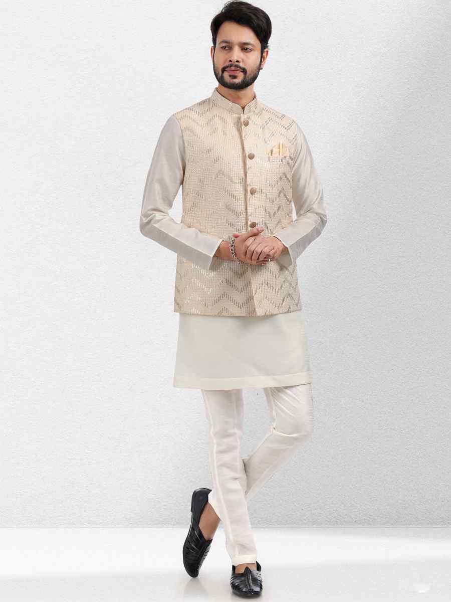 Cream Art Banarasi Silk Woven Festival Wedding Kurta