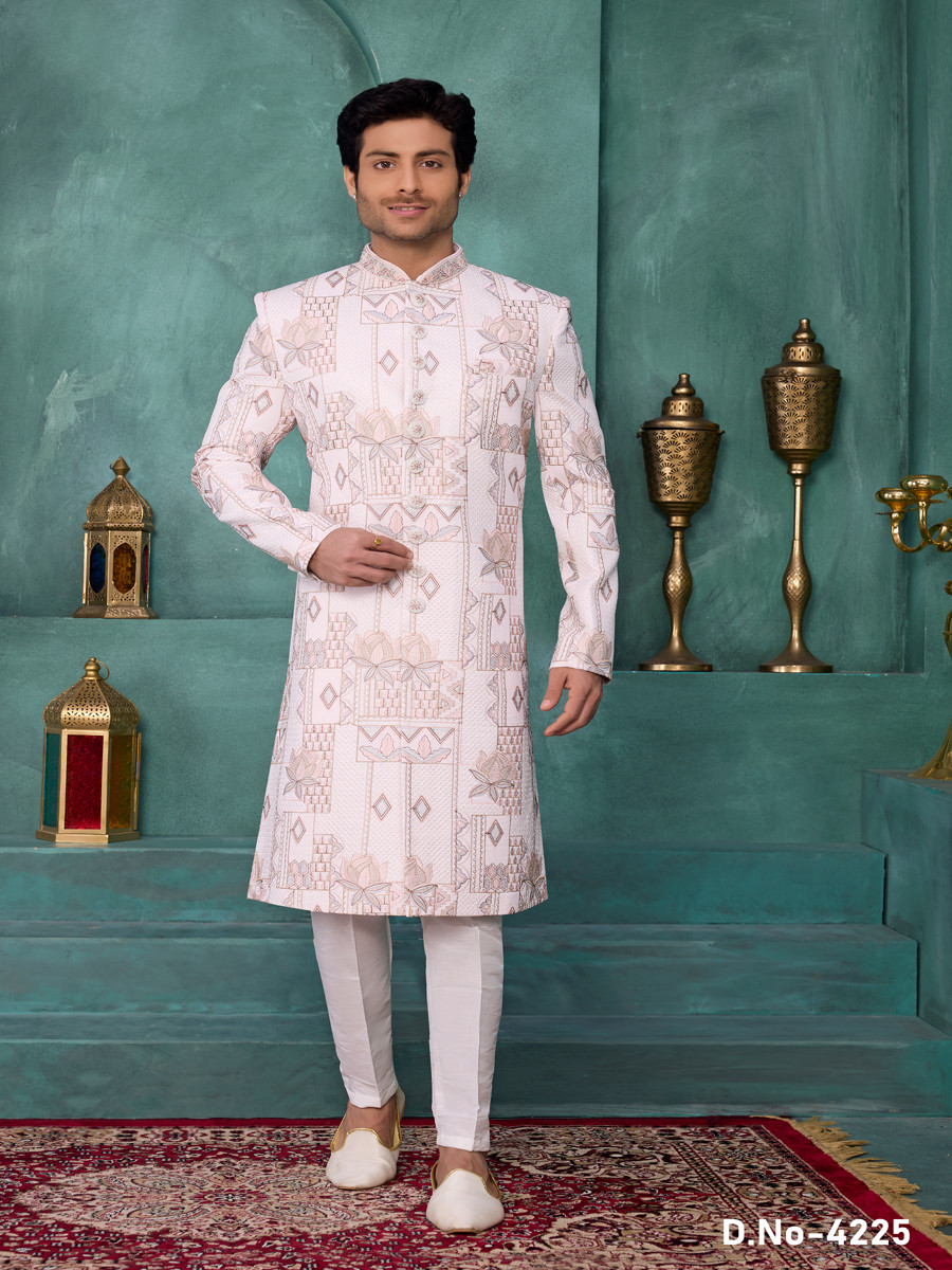 Cream Art silk Embroidered Computer Thread work Wedding Party Festival Groom Sherwani