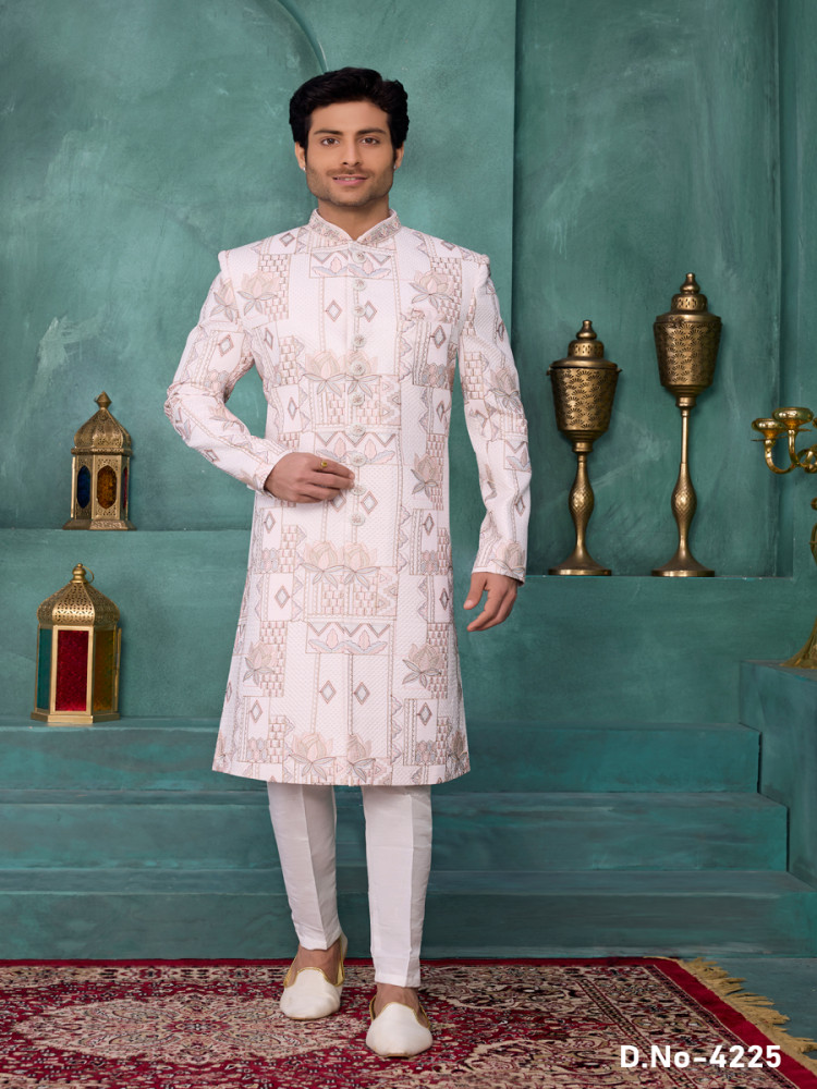 Image of Cream Art silk Embroidered Computer Thread work Wedding Party Festival Groom Sherwani