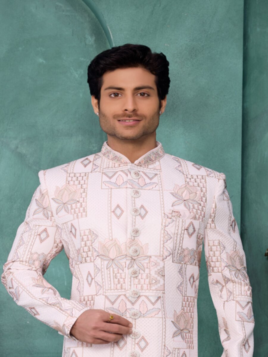 Cream Art silk Embroidered Computer Thread work Wedding Party Festival Groom Sherwani