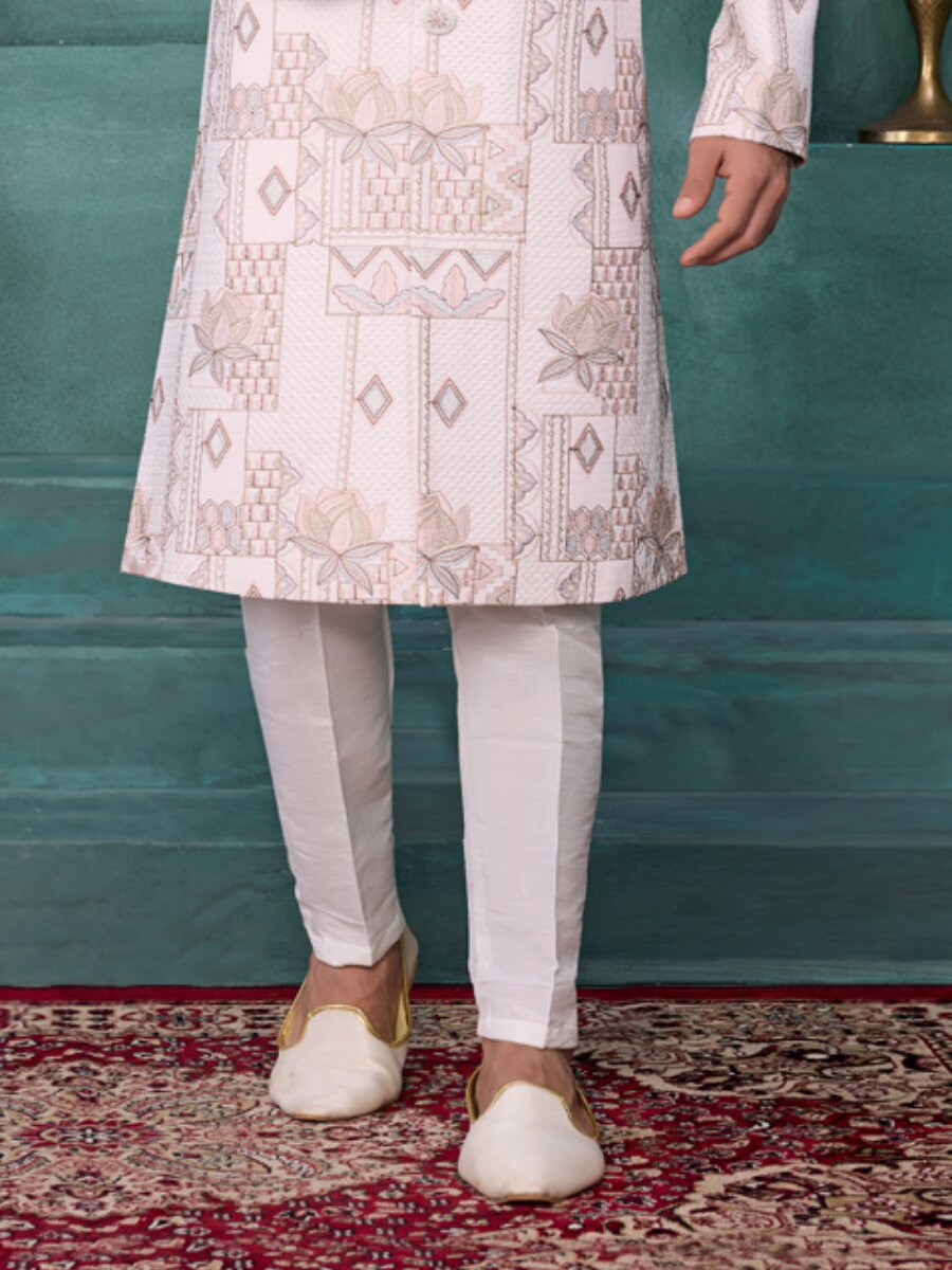 Cream Art silk Embroidered Computer Thread work Wedding Party Festival Groom Sherwani