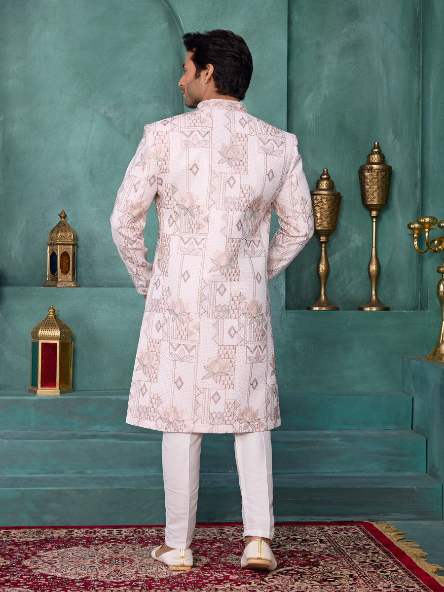 Cream Art silk Embroidered Computer Thread work Wedding Party Festival Groom Sherwani