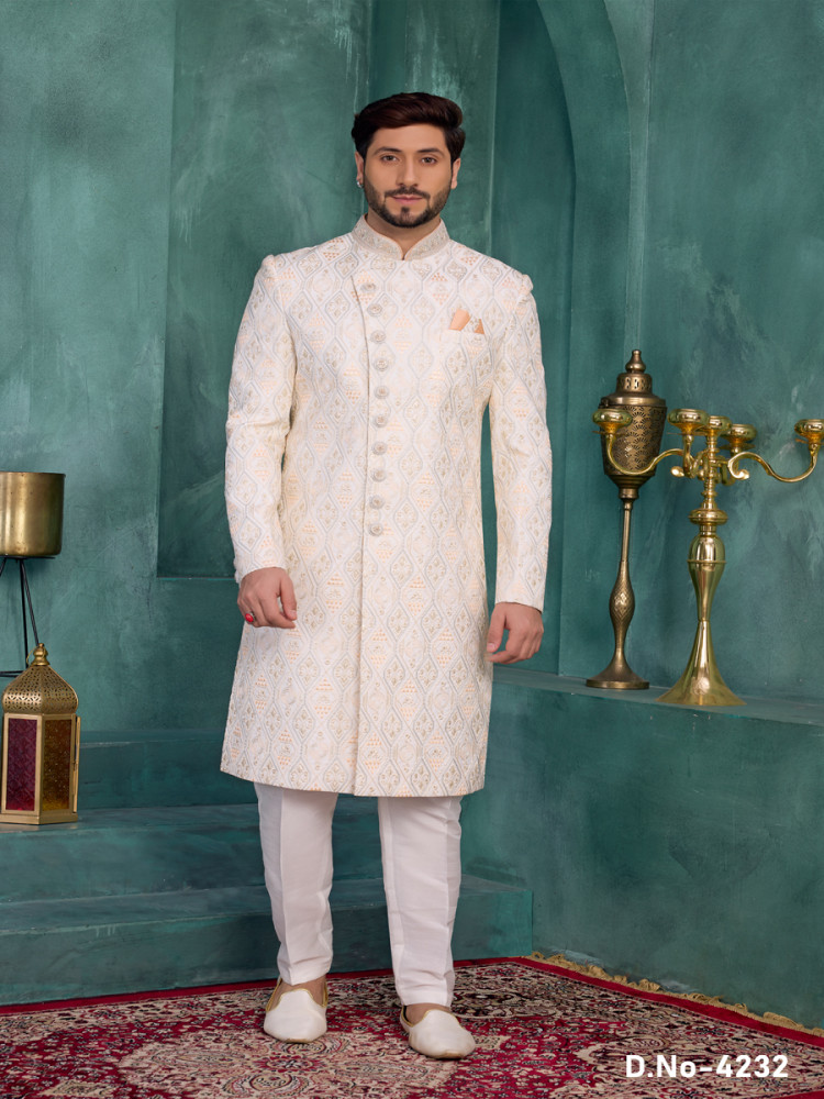 Image of Cream Art silk Embroidered Computer Thread work Wedding Party Festival Groom Sherwani