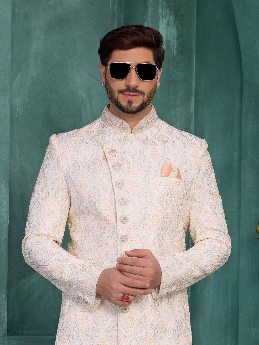 Cream Art silk Embroidered Computer Thread work Wedding Party Festival Groom Sherwani