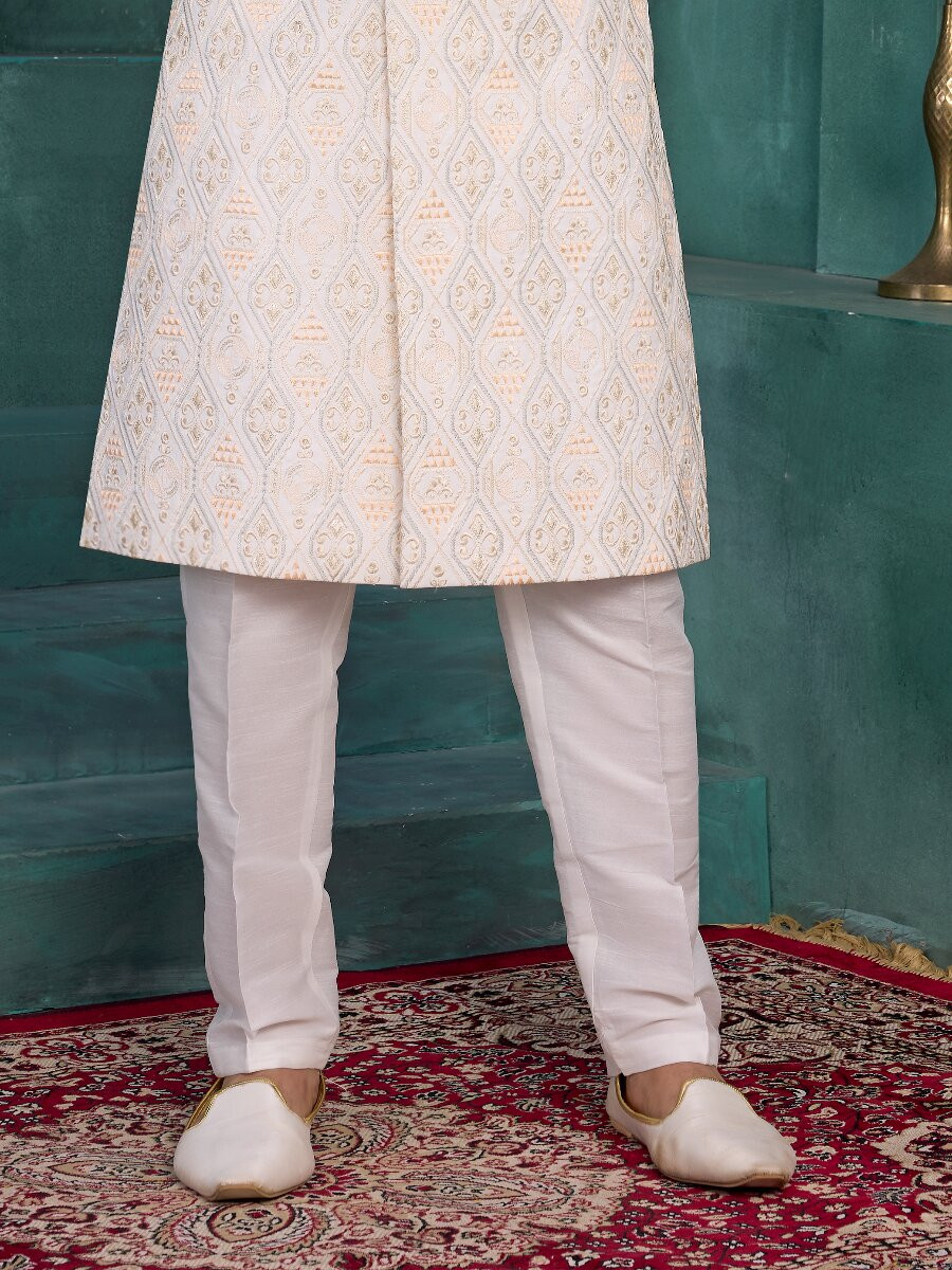 Cream Art silk Embroidered Computer Thread work Wedding Party Festival Groom Sherwani