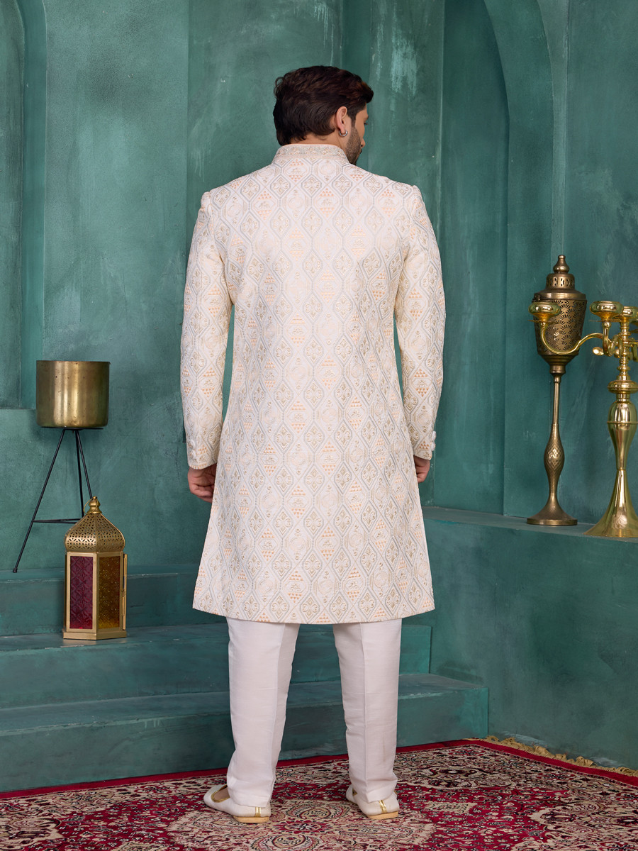 Cream Art silk Embroidered Computer Thread work Wedding Party Festival Groom Sherwani