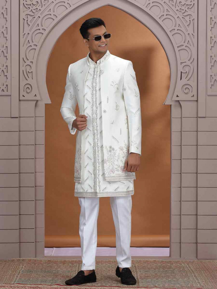 Image of Cream Art Silk Embroidered Festival Wedding Mens 3 PCS Indo Western Set