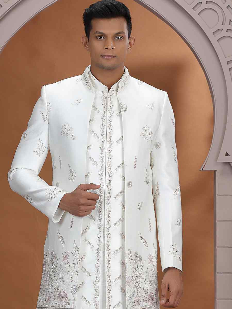 Cream Art Silk Embroidered Festival Wedding Mens 3 PCS Indo Western Set