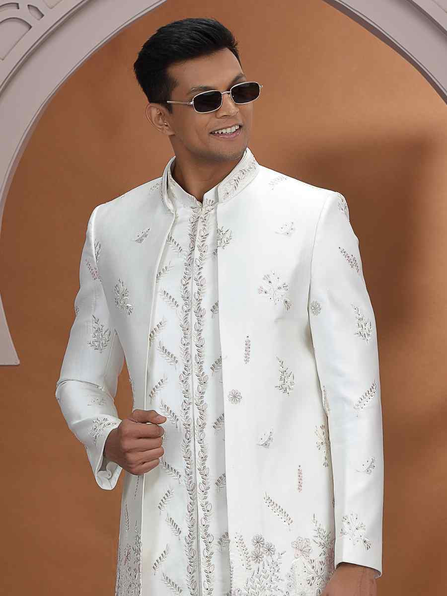 Cream Art Silk Embroidered Festival Wedding Mens 3 PCS Indo Western Set
