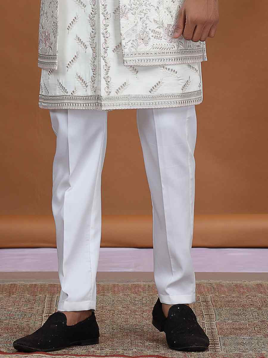 Cream Art Silk Embroidered Festival Wedding Mens 3 PCS Indo Western Set