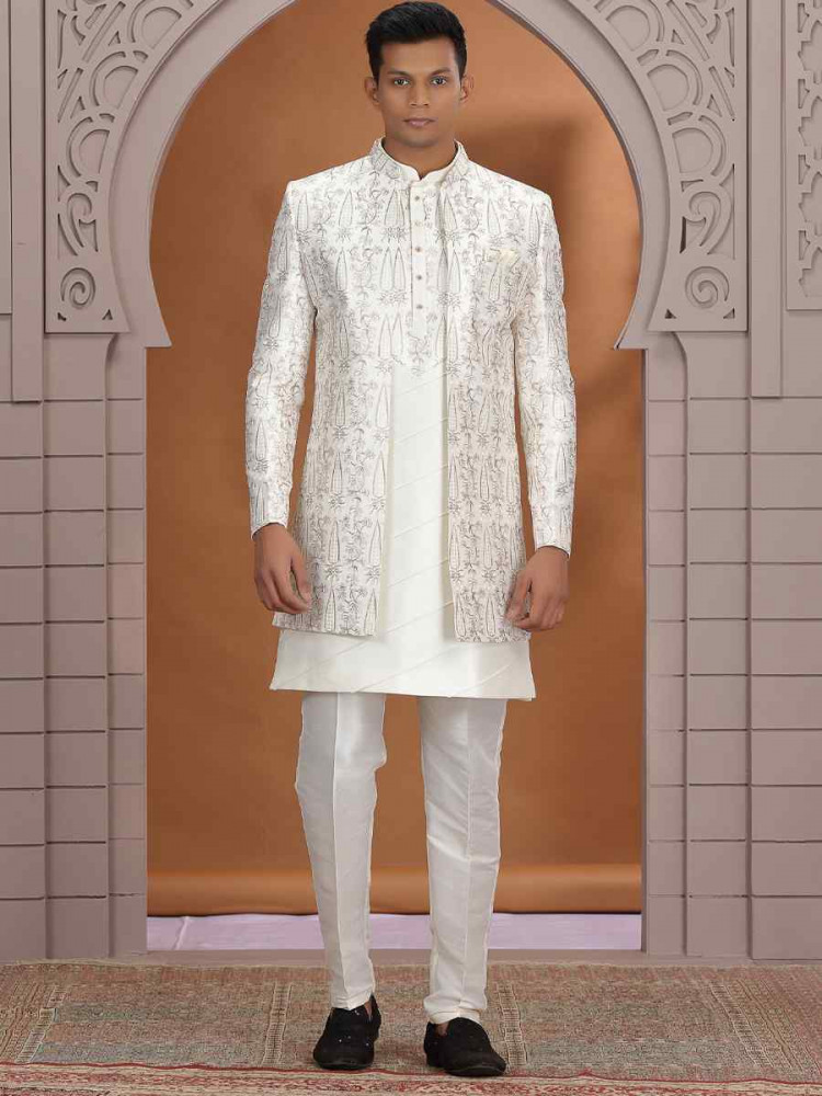 Image of Cream Art Silk Embroidered Festival Wedding Mens 3 PCS Indo Western Set