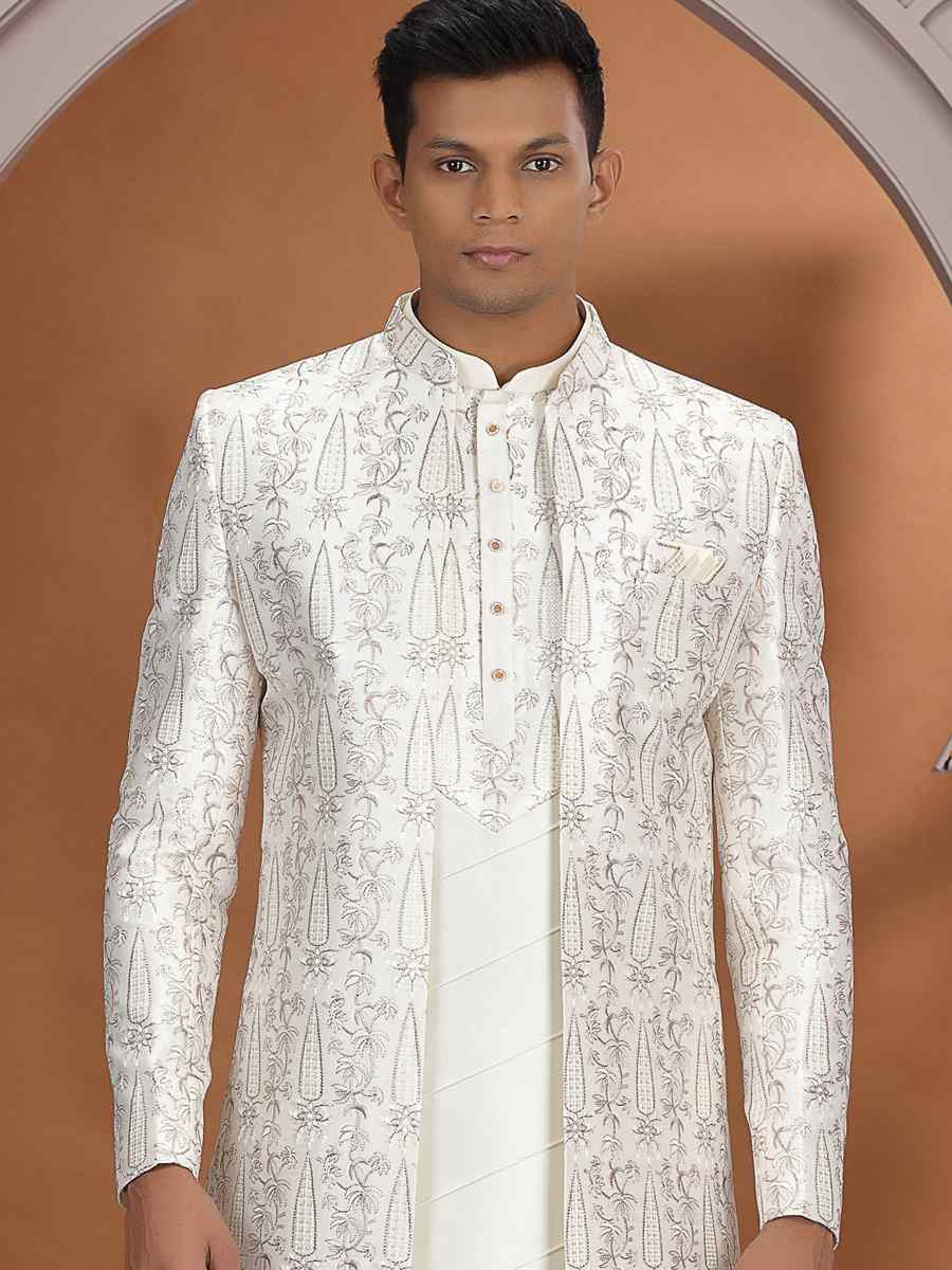Cream Art Silk Embroidered Festival Wedding Mens 3 PCS Indo Western Set
