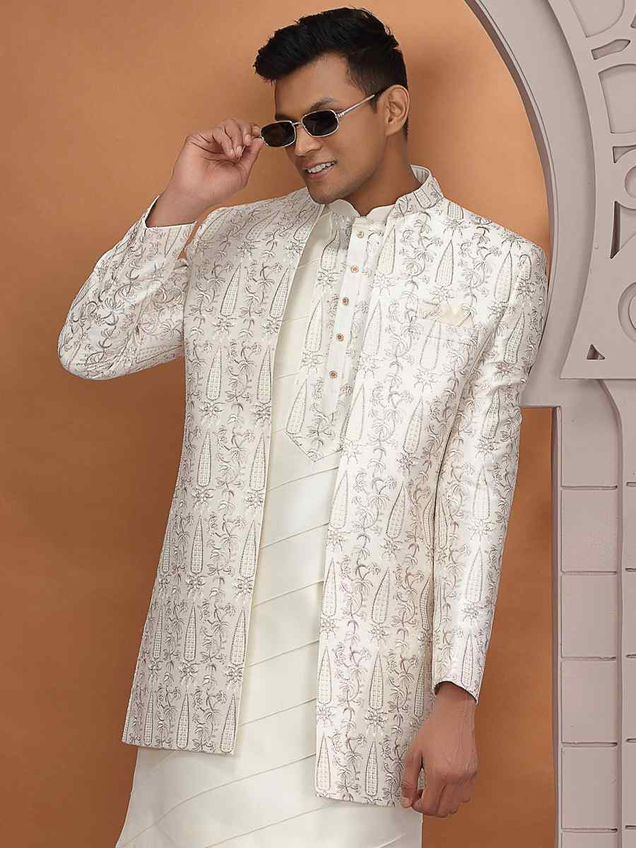 Cream Art Silk Embroidered Festival Wedding Mens 3 PCS Indo Western Set