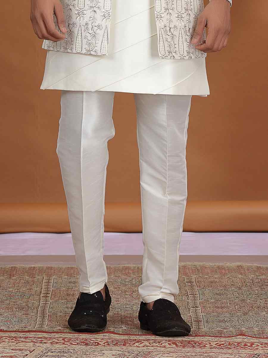 Cream Art Silk Embroidered Festival Wedding Mens 3 PCS Indo Western Set