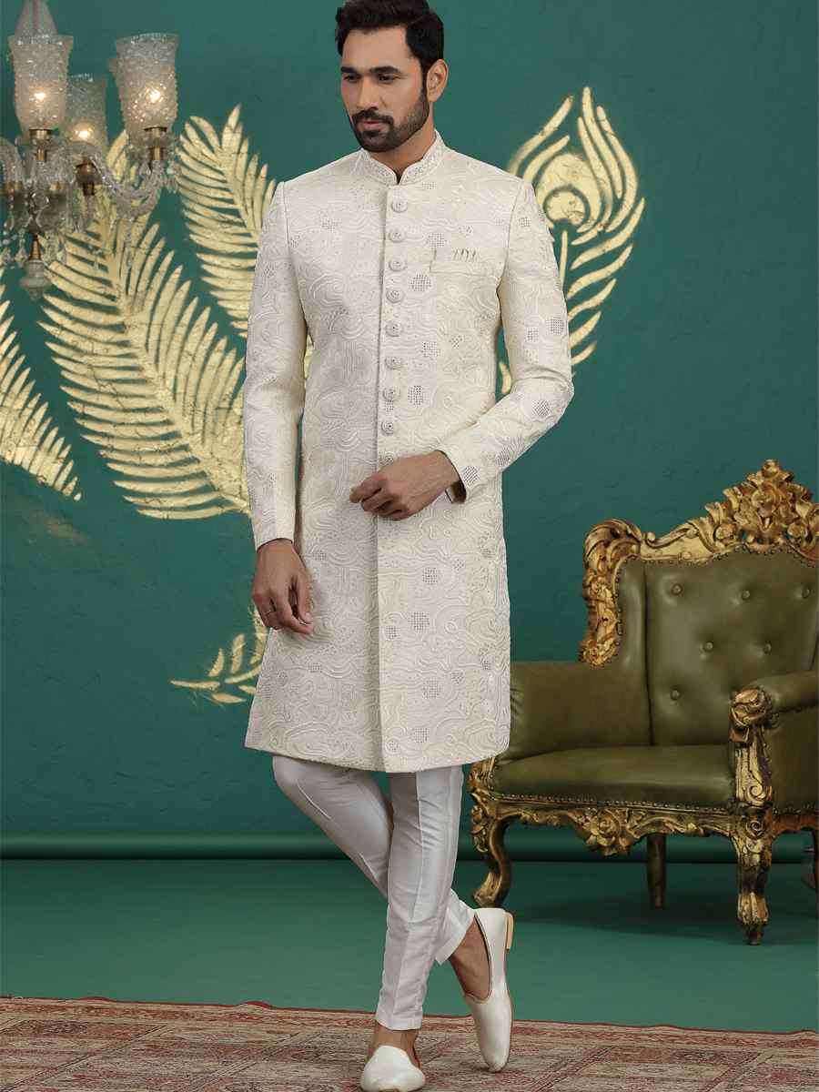 Cream Art Silk Embroidered Festival Wedding Mens Sherwani