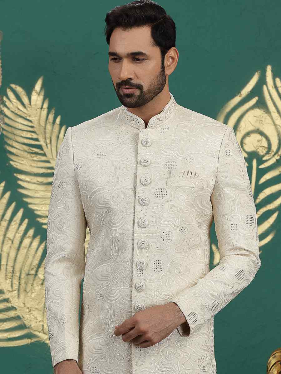 Cream Art Silk Embroidered Festival Wedding Mens Sherwani