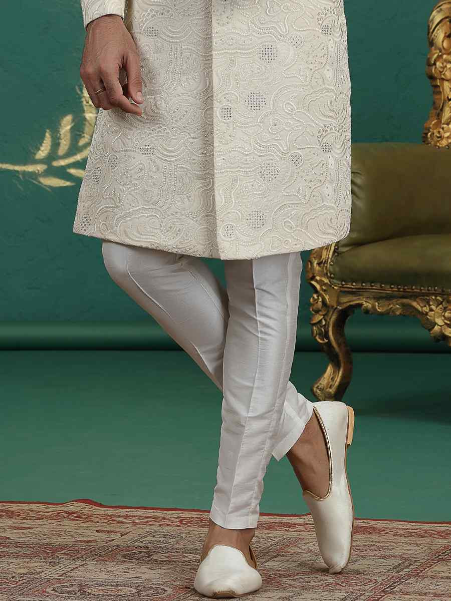 Cream Art Silk Embroidered Festival Wedding Mens Sherwani