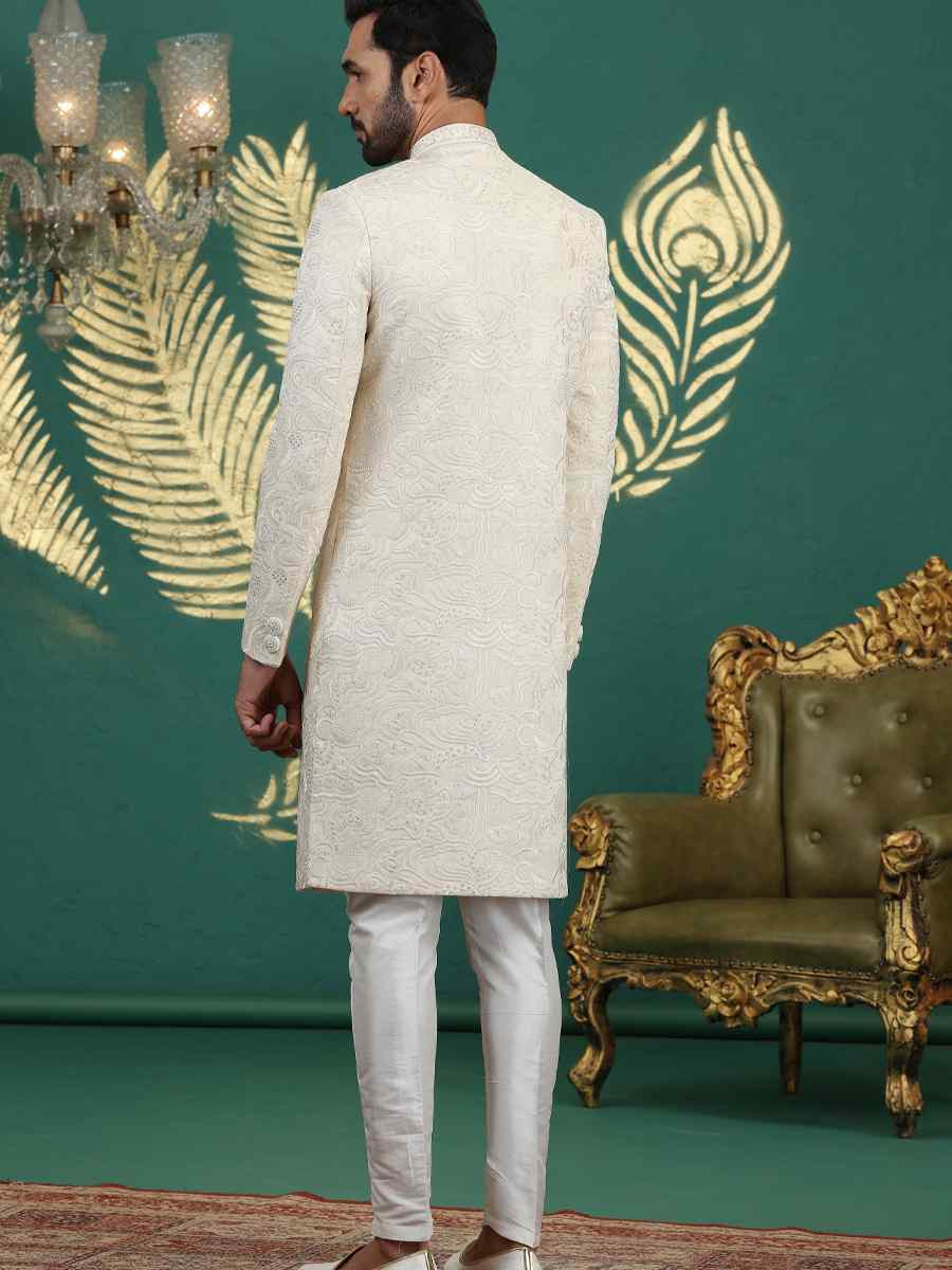 Cream Art Silk Embroidered Festival Wedding Mens Sherwani