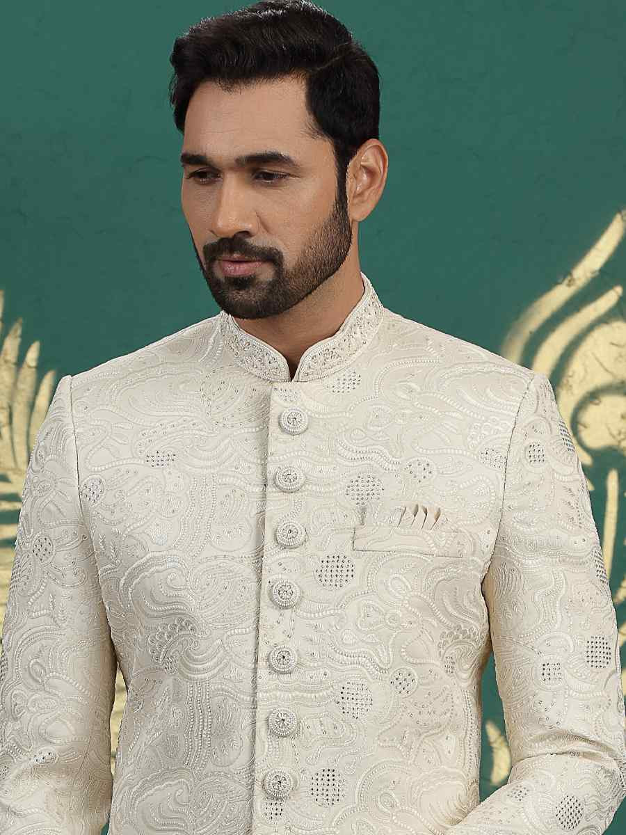 Cream Art Silk Embroidered Festival Wedding Mens Sherwani