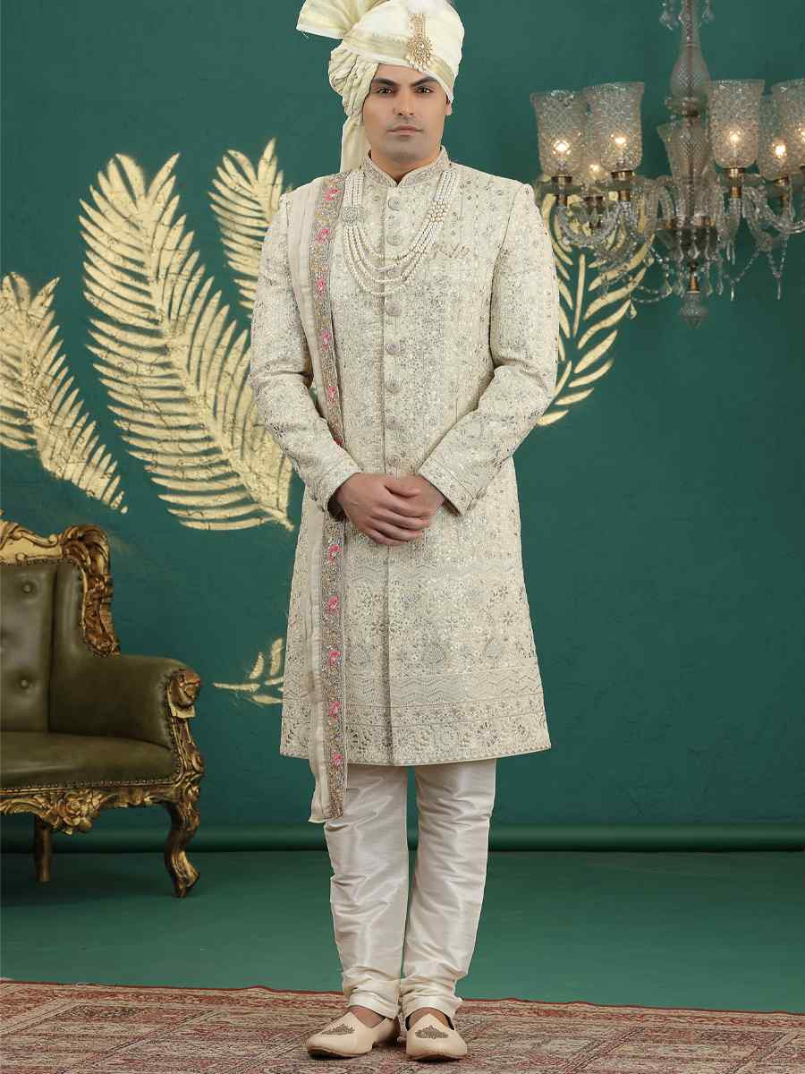 Cream Art Silk Embroidered Festival Wedding Mens Sherwani