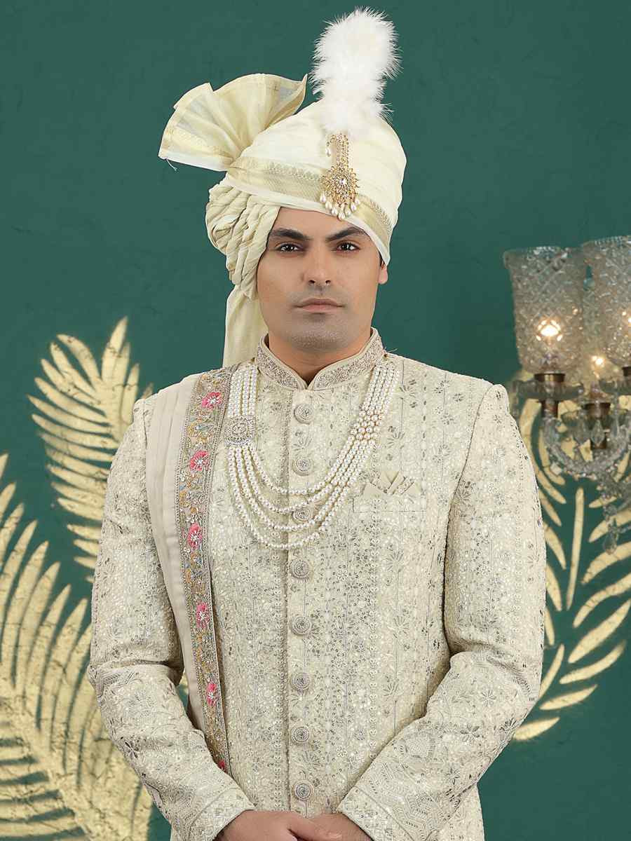 Cream Art Silk Embroidered Festival Wedding Mens Sherwani