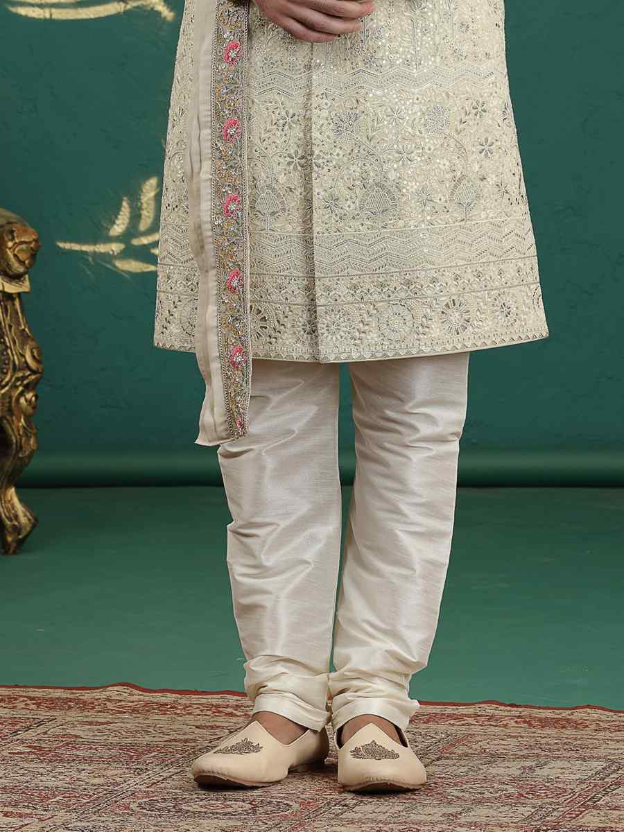 Cream Art Silk Embroidered Festival Wedding Mens Sherwani