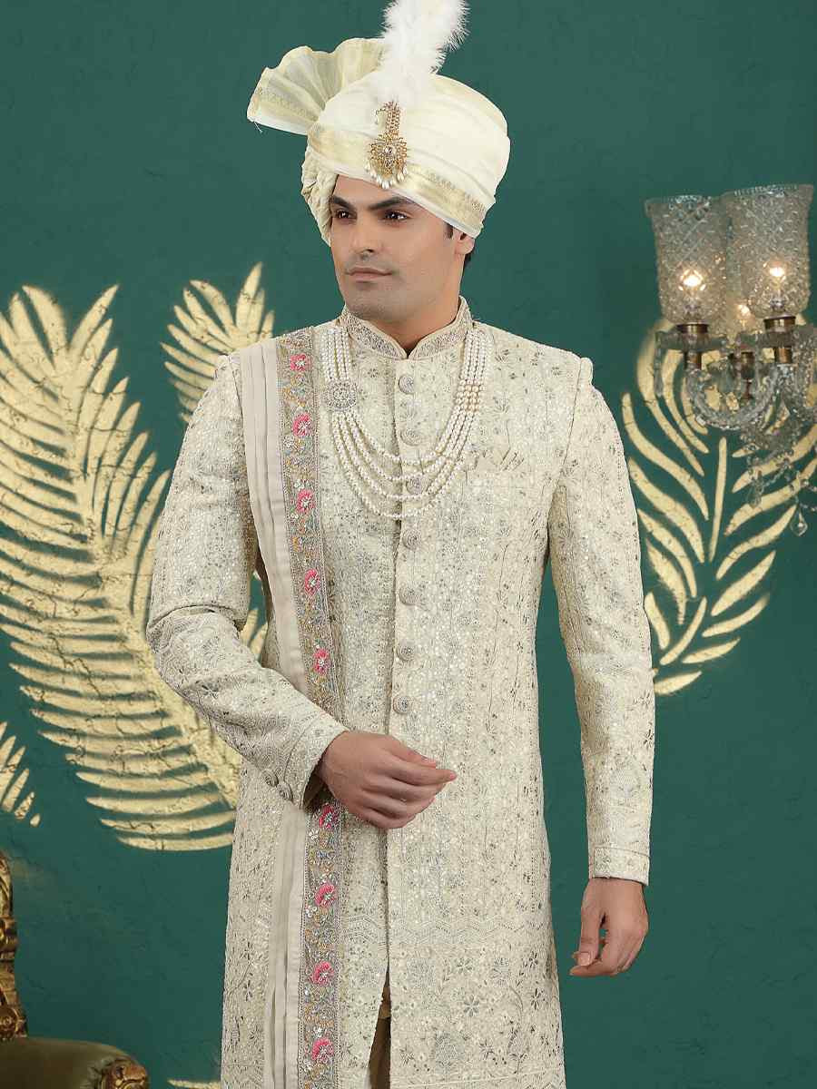 Cream Art Silk Embroidered Festival Wedding Mens Sherwani