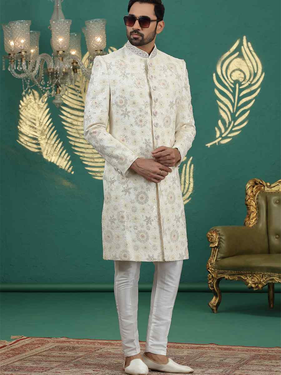 Cream Art Silk Embroidered Festival Wedding Mens Sherwani