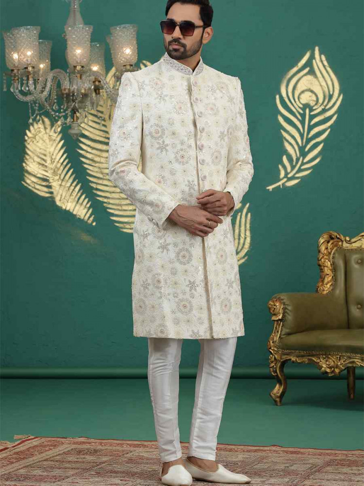 Image of Cream Art Silk Embroidered Festival Wedding Mens Sherwani