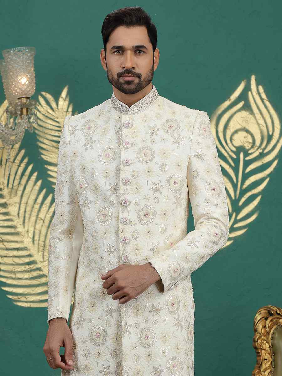 Cream Art Silk Embroidered Festival Wedding Mens Sherwani