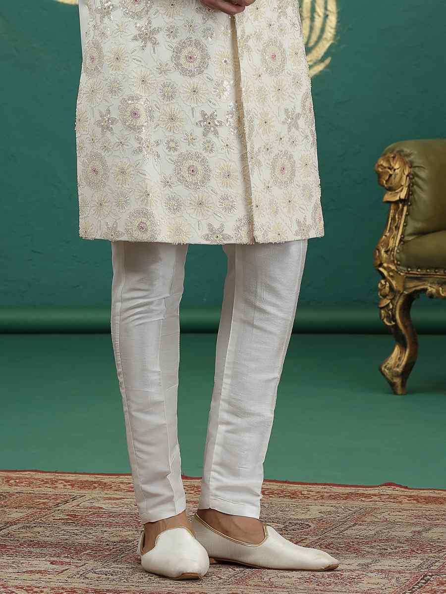 Cream Art Silk Embroidered Festival Wedding Mens Sherwani