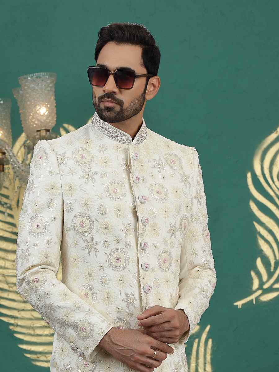 Cream Art Silk Embroidered Festival Wedding Mens Sherwani