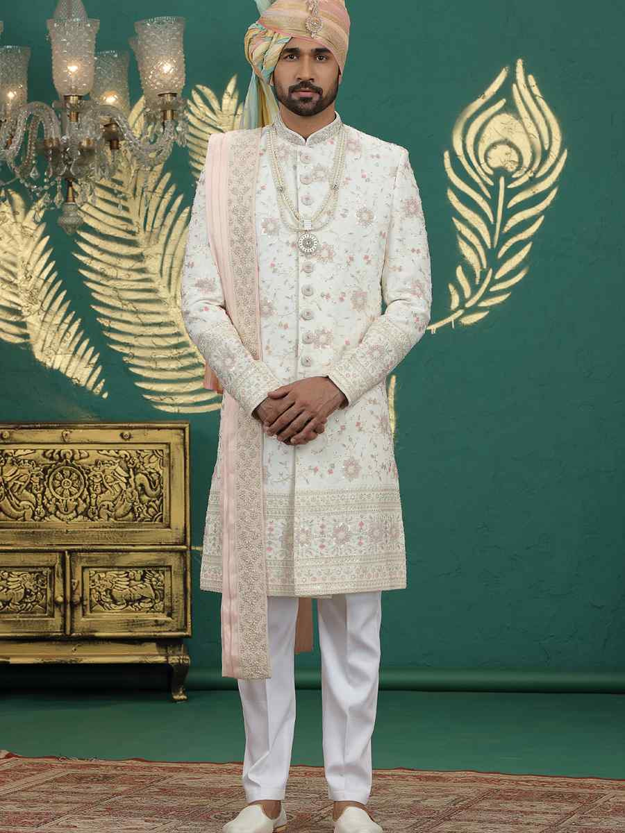 Cream Art Silk Embroidered Festival Wedding Mens Sherwani