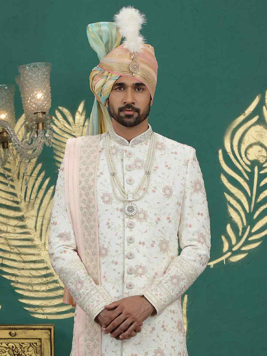 Cream Art Silk Embroidered Festival Wedding Mens Sherwani
