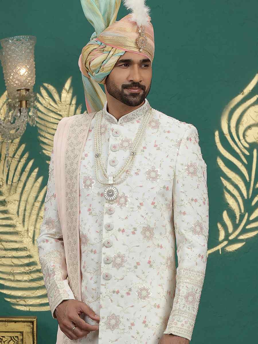 Cream Art Silk Embroidered Festival Wedding Mens Sherwani