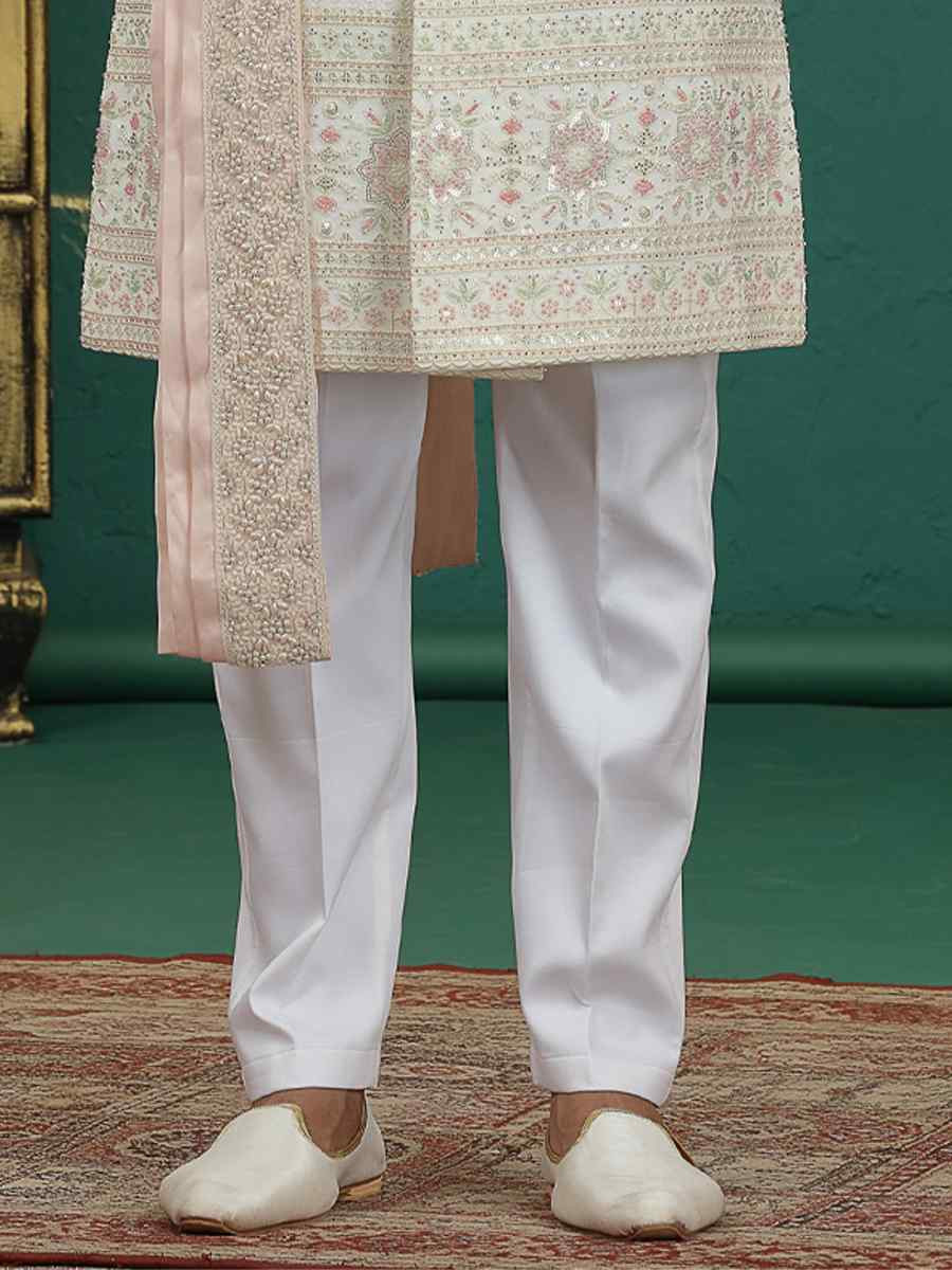 Cream Art Silk Embroidered Festival Wedding Mens Sherwani