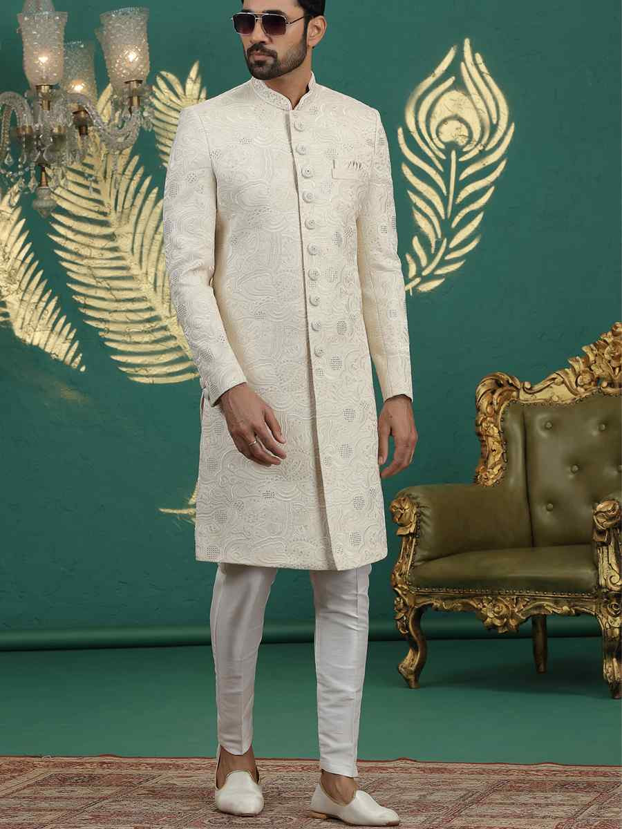 Cream Art Silk Embroidered Festival Wedding Mens Sherwani