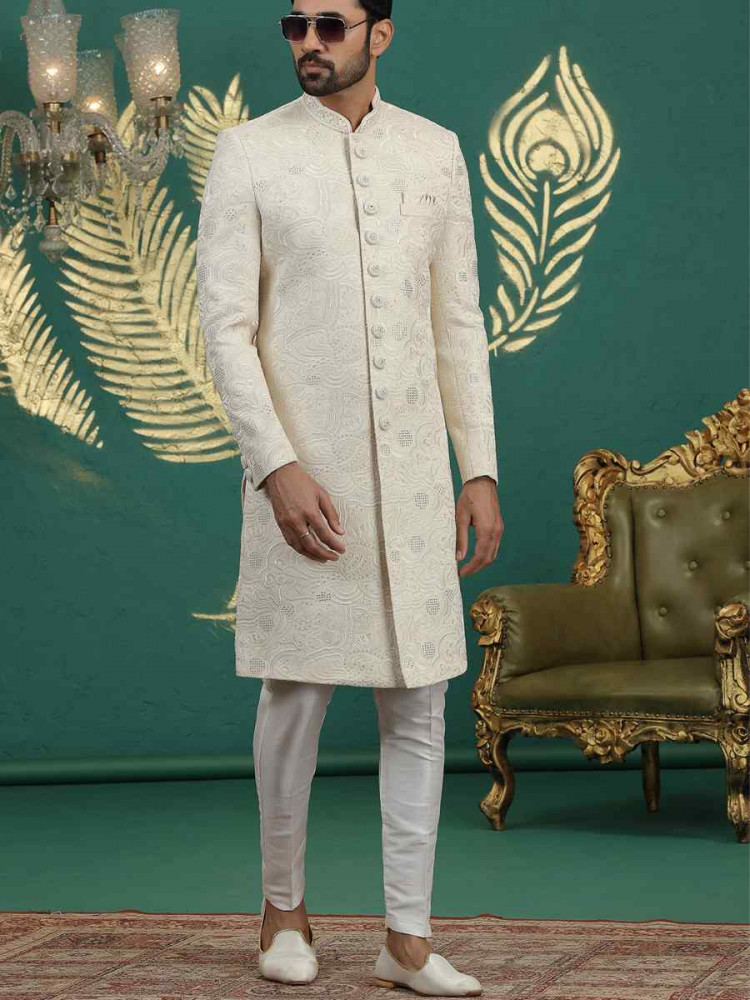 Image of Cream Art Silk Embroidered Festival Wedding Mens Sherwani