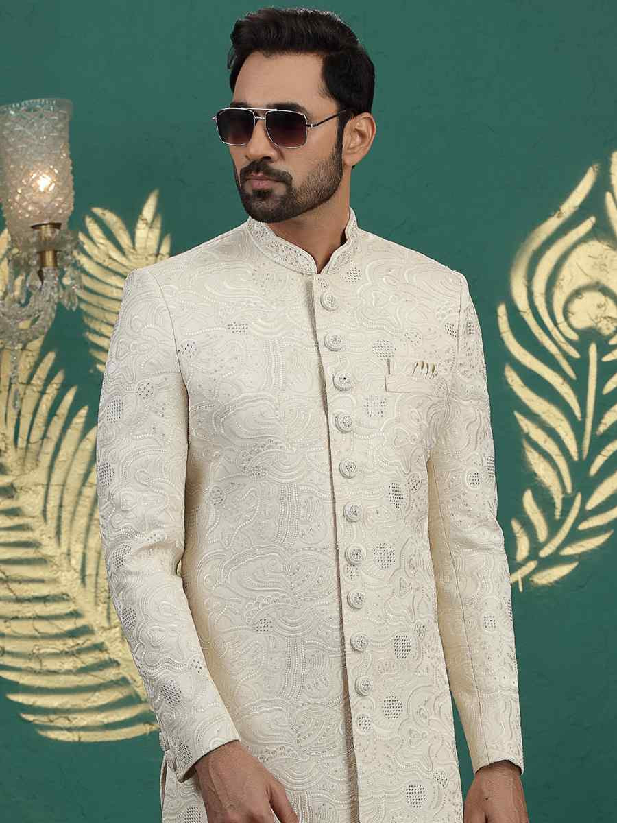 Cream Art Silk Embroidered Festival Wedding Mens Sherwani